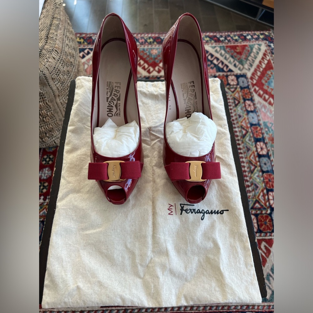 Salvatore Ferragamo Red Open-Toe Heels, size 8.5/ 39